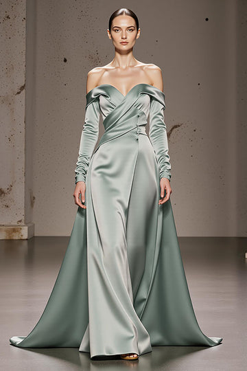 Off the Shoulder Mint Green Sheath Satin Evening Dress